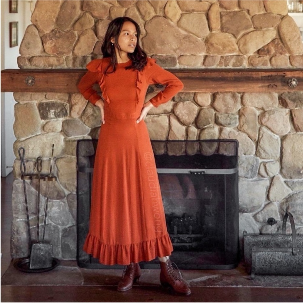 New Christy Dawn The Mabel Dress in Crinkle Rust XS Long Sleeved Maxi NWT